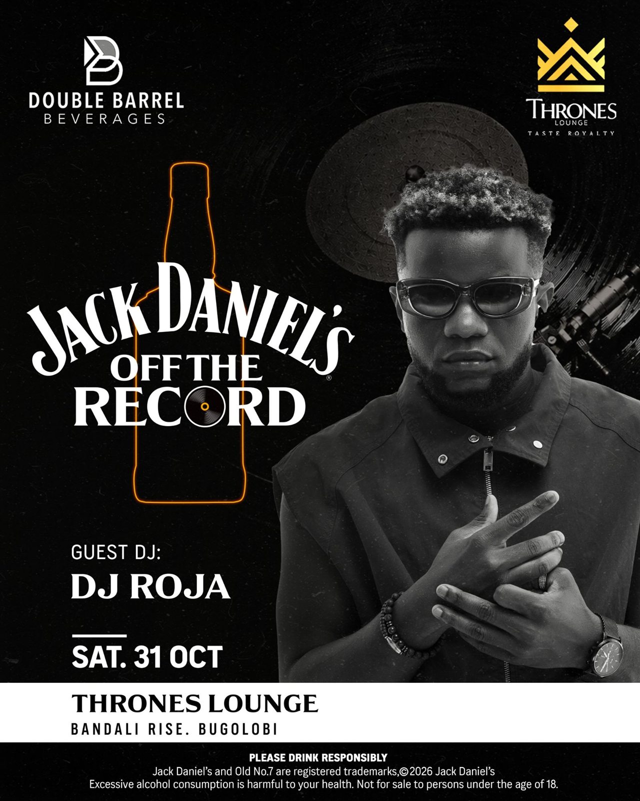 Jack Daniel's Off The Record poster with guest DJ Roja beside a neon bottle outline