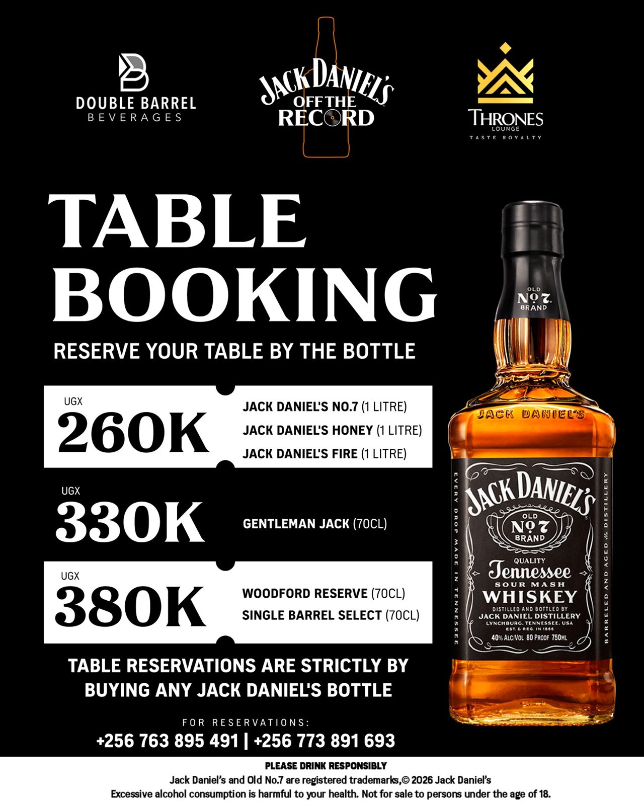 Table booking table tent: reserve your table by the bottle, with three price tiers on notched ticket stubs and a bottle of Old No.7
