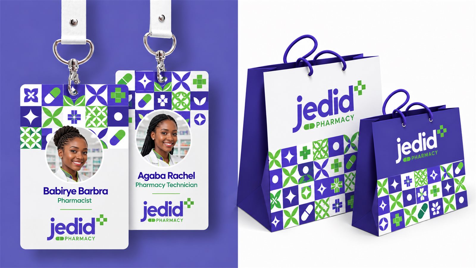 Jedid staff ID cards and carrier bags