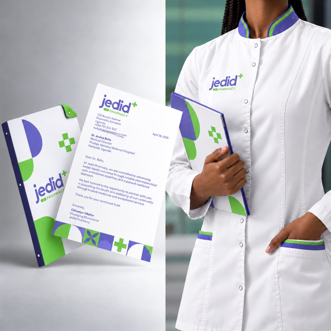 Jedid letterhead, folder and an embroidered lab coat