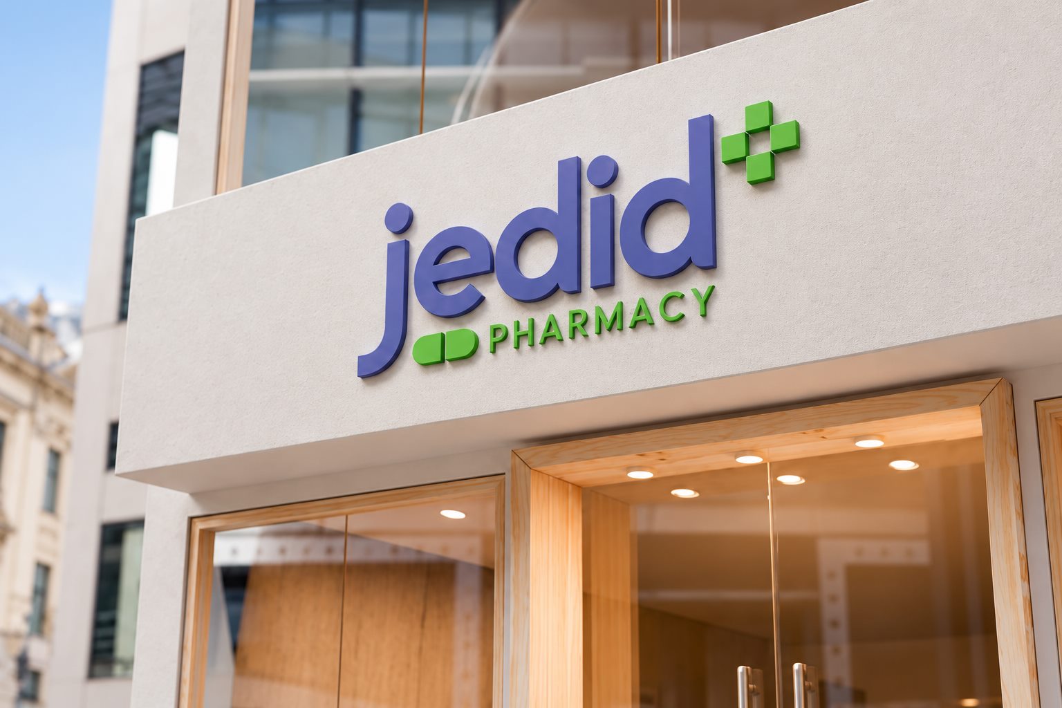 Raised Jedid Pharmacy fascia sign above the entrance