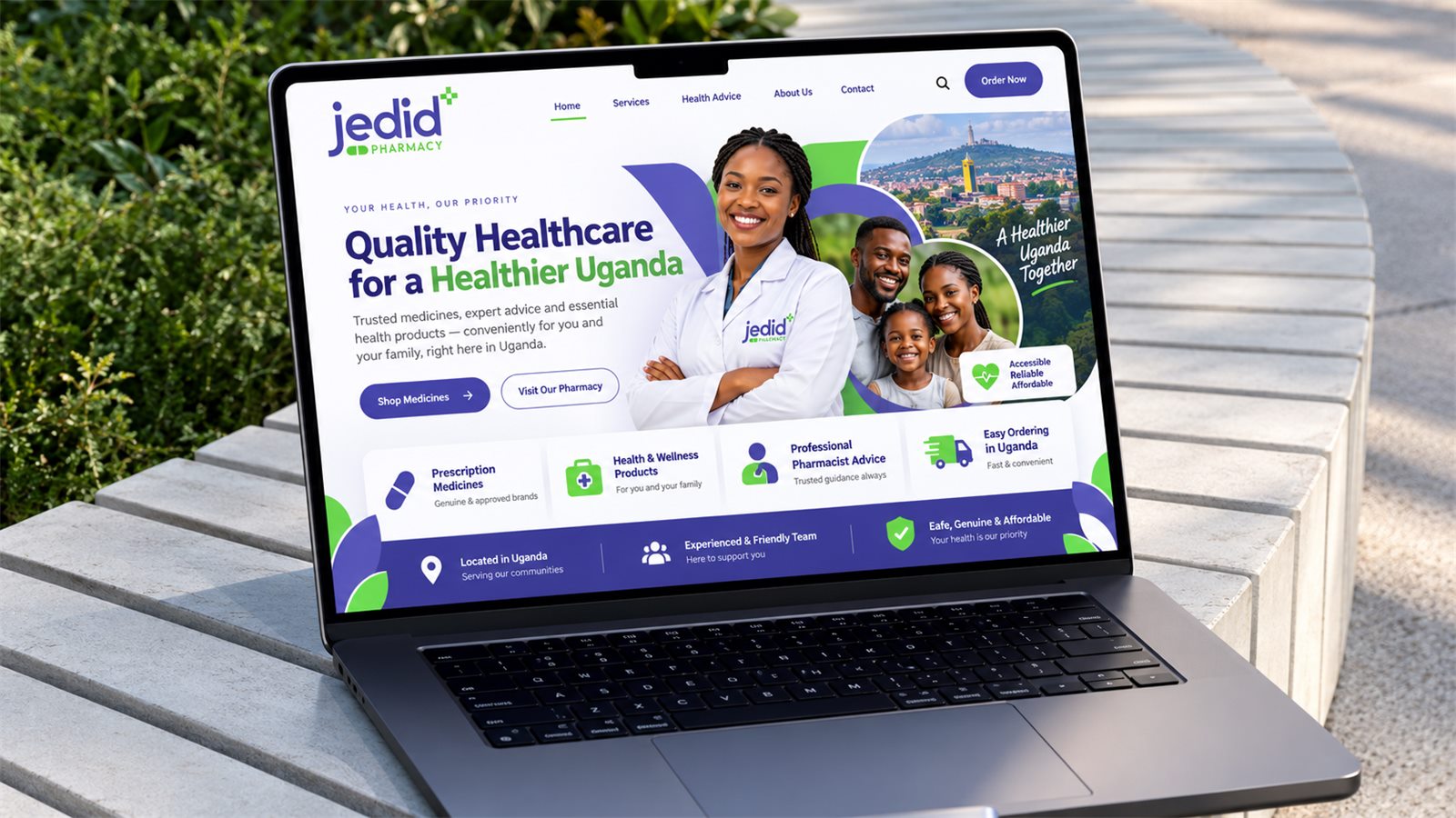 Jedid Pharmacy website home page on a laptop