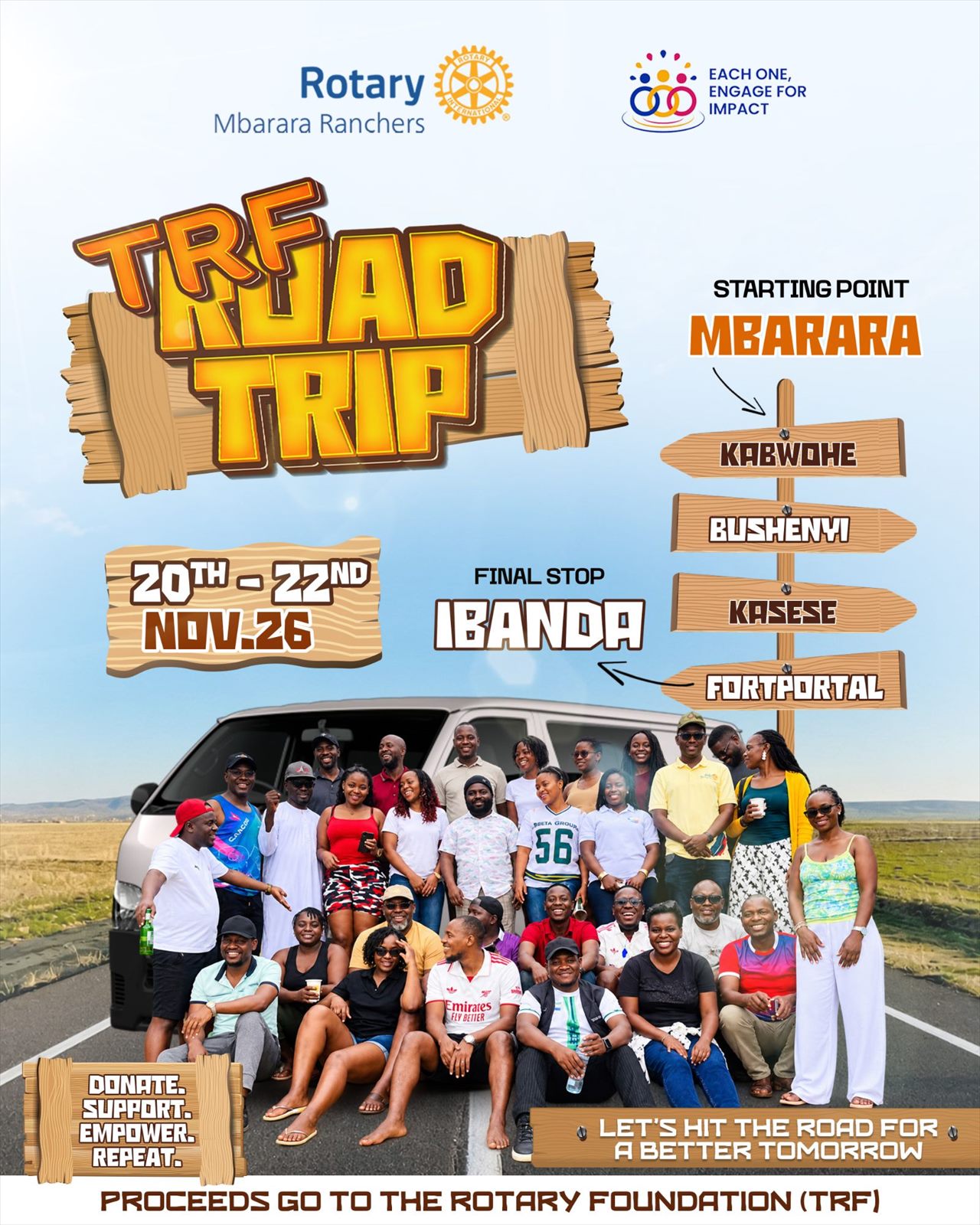 TRF Road Trip poster with wooden signposts