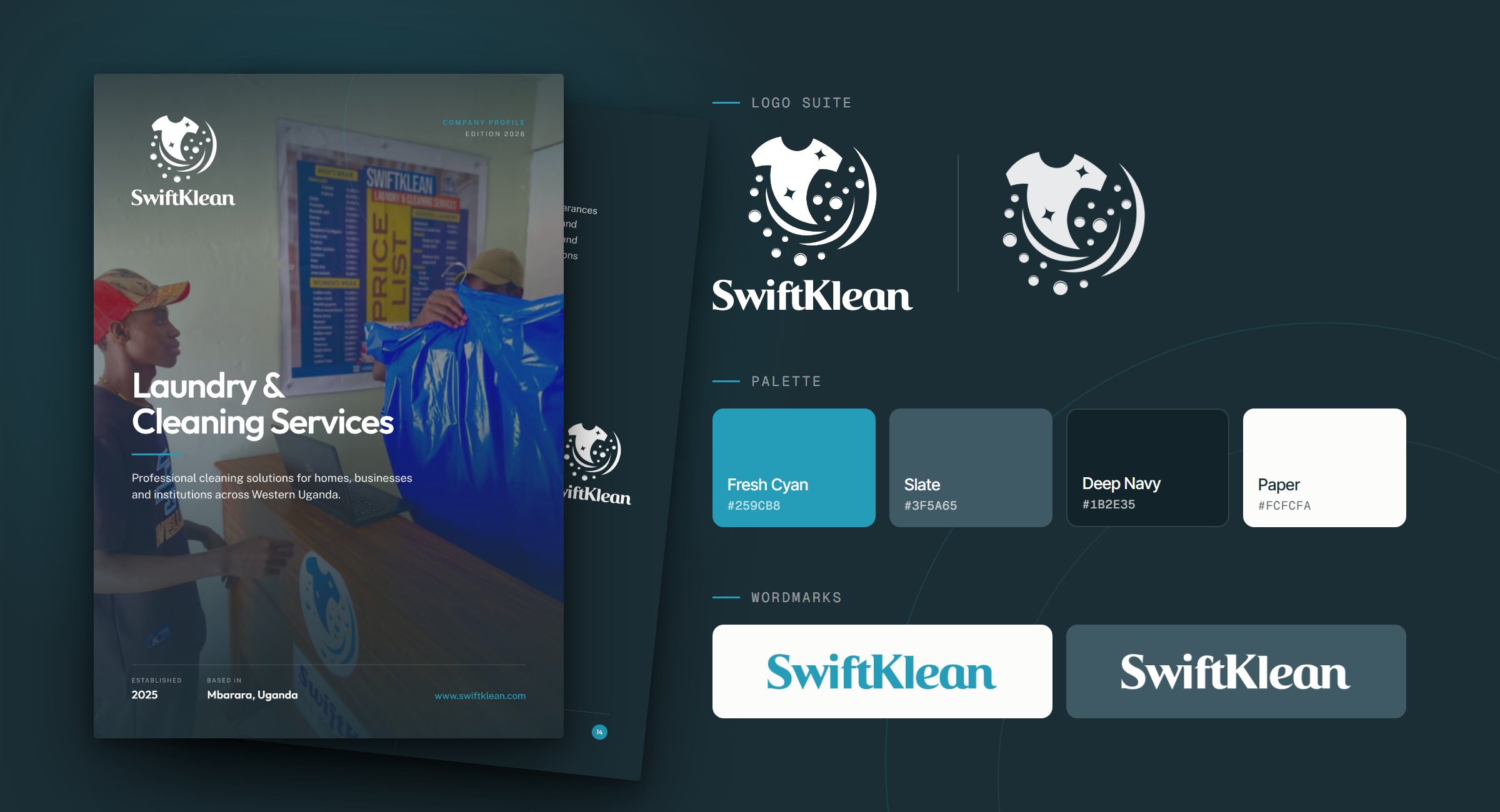 SwiftKlean brand board: the company profile cover fanned over its navy back page, beside the white logo suite, the four-colour palette and both wordmarks