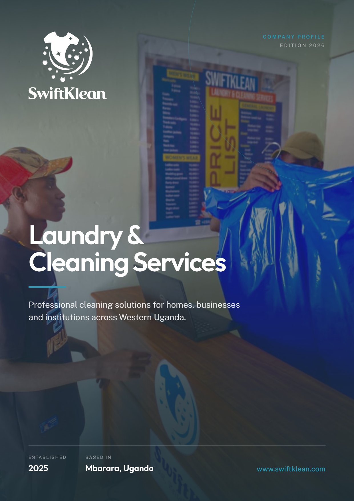 SwiftKlean company profile cover with the rebuilt white logo
