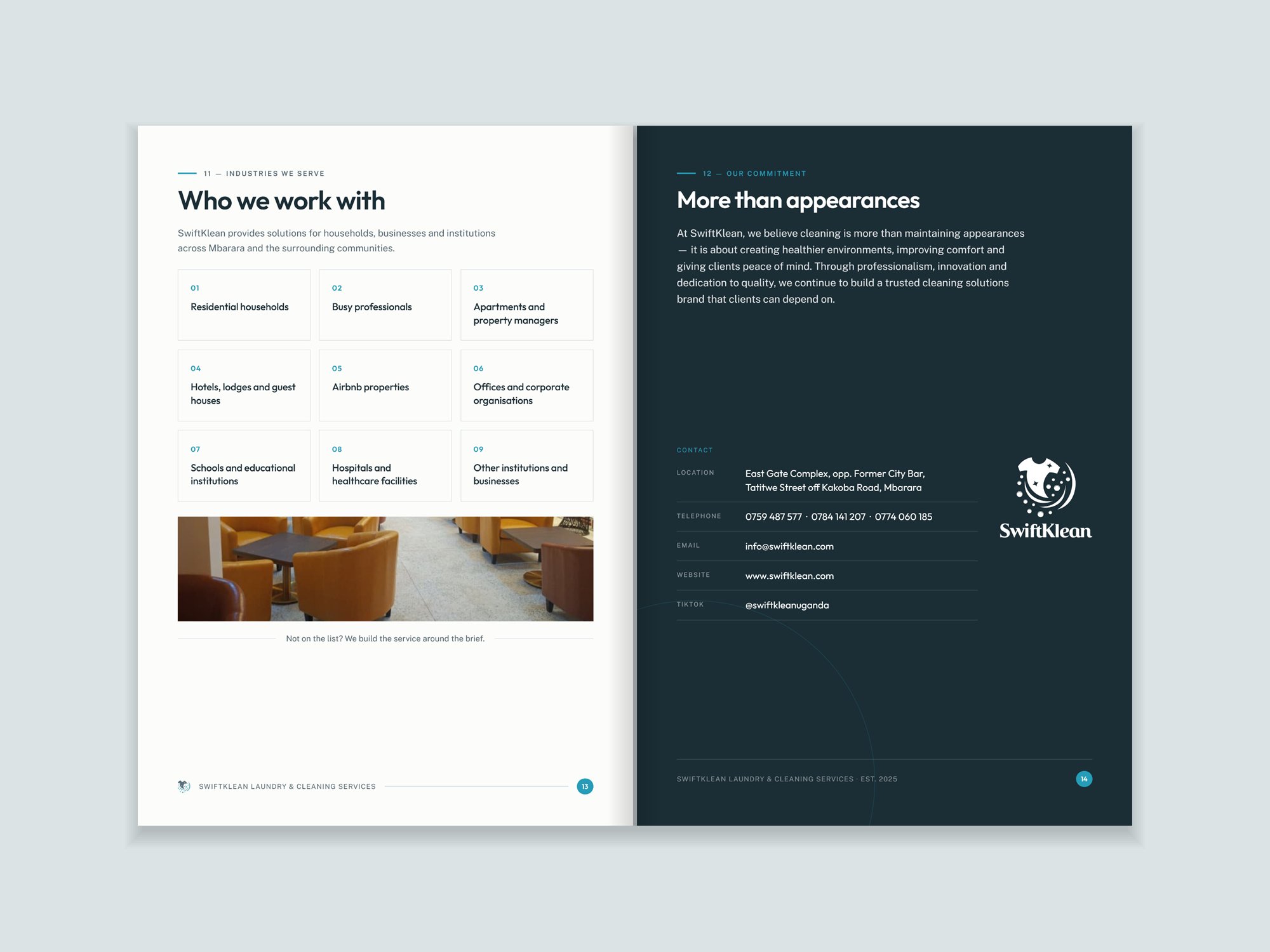 Company profile spread: Who we work with, and the navy contact page with the reversed logo