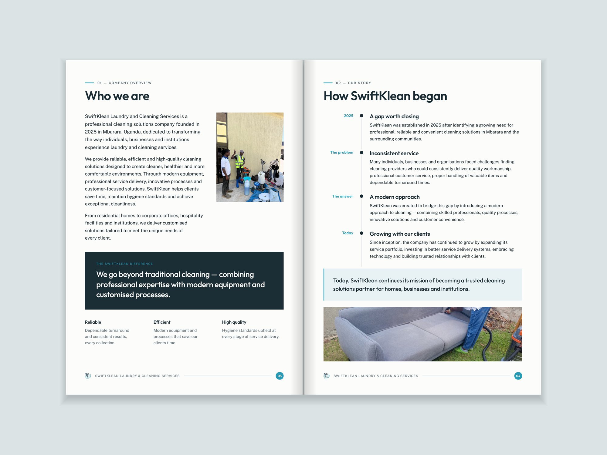 Company profile spread: Who we are and How SwiftKlean began