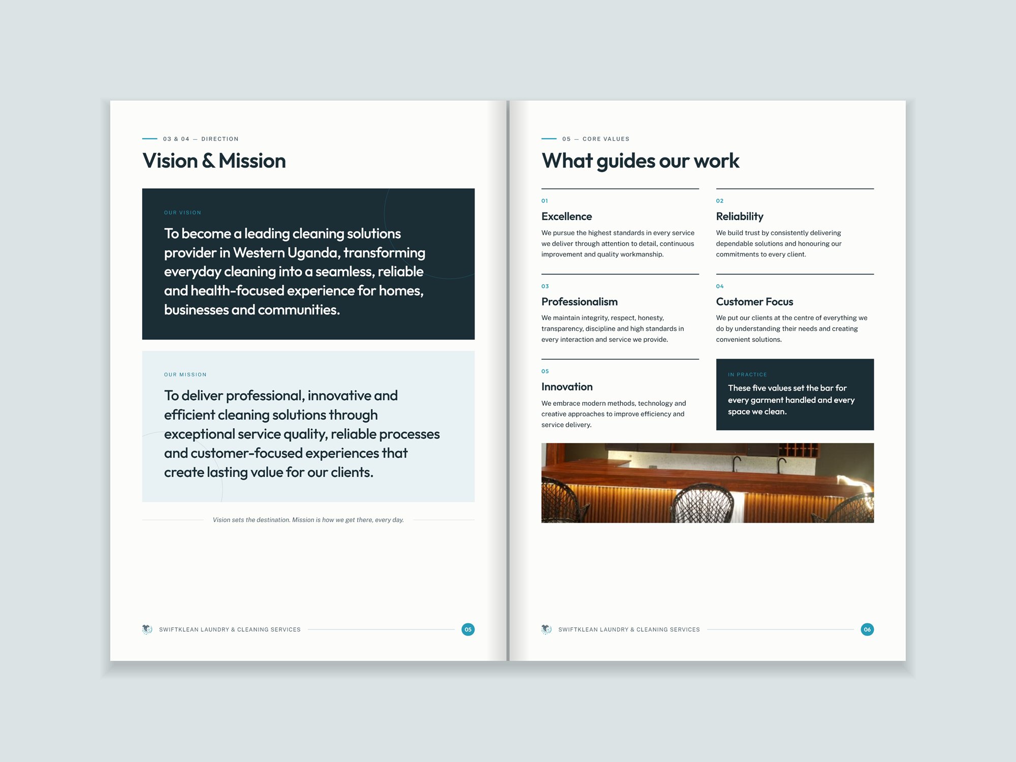 Company profile spread: Vision and Mission, and What guides our work