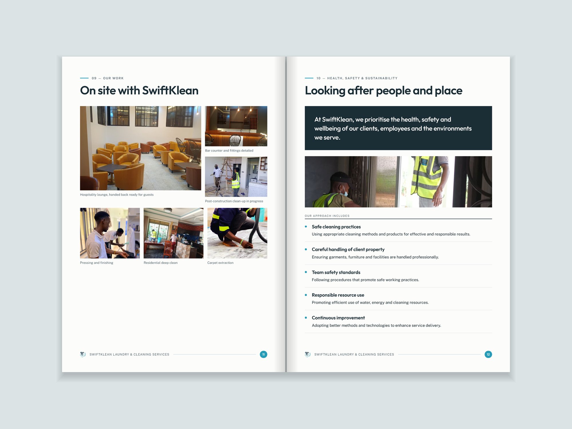 Company profile spread: On site with SwiftKlean, and Looking after people and place