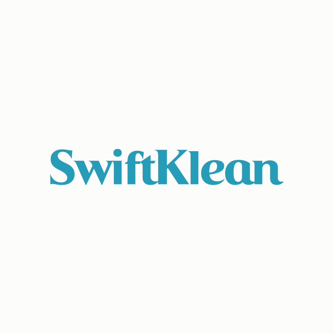 SwiftKlean wordmark in cyan on paper white