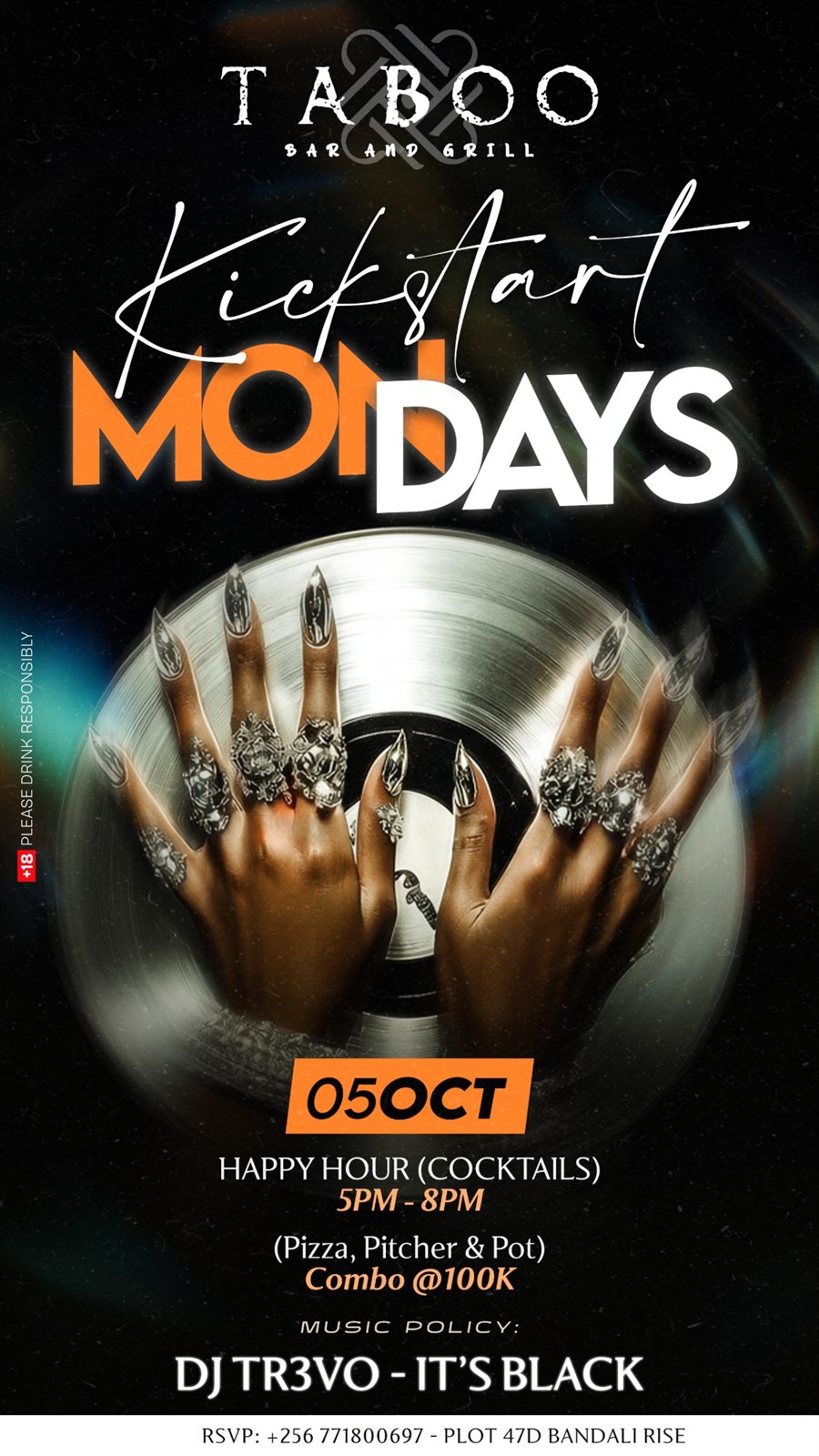 Kickstart Mondays flyer, 5 October edition: hands with silver rings on a vinyl record