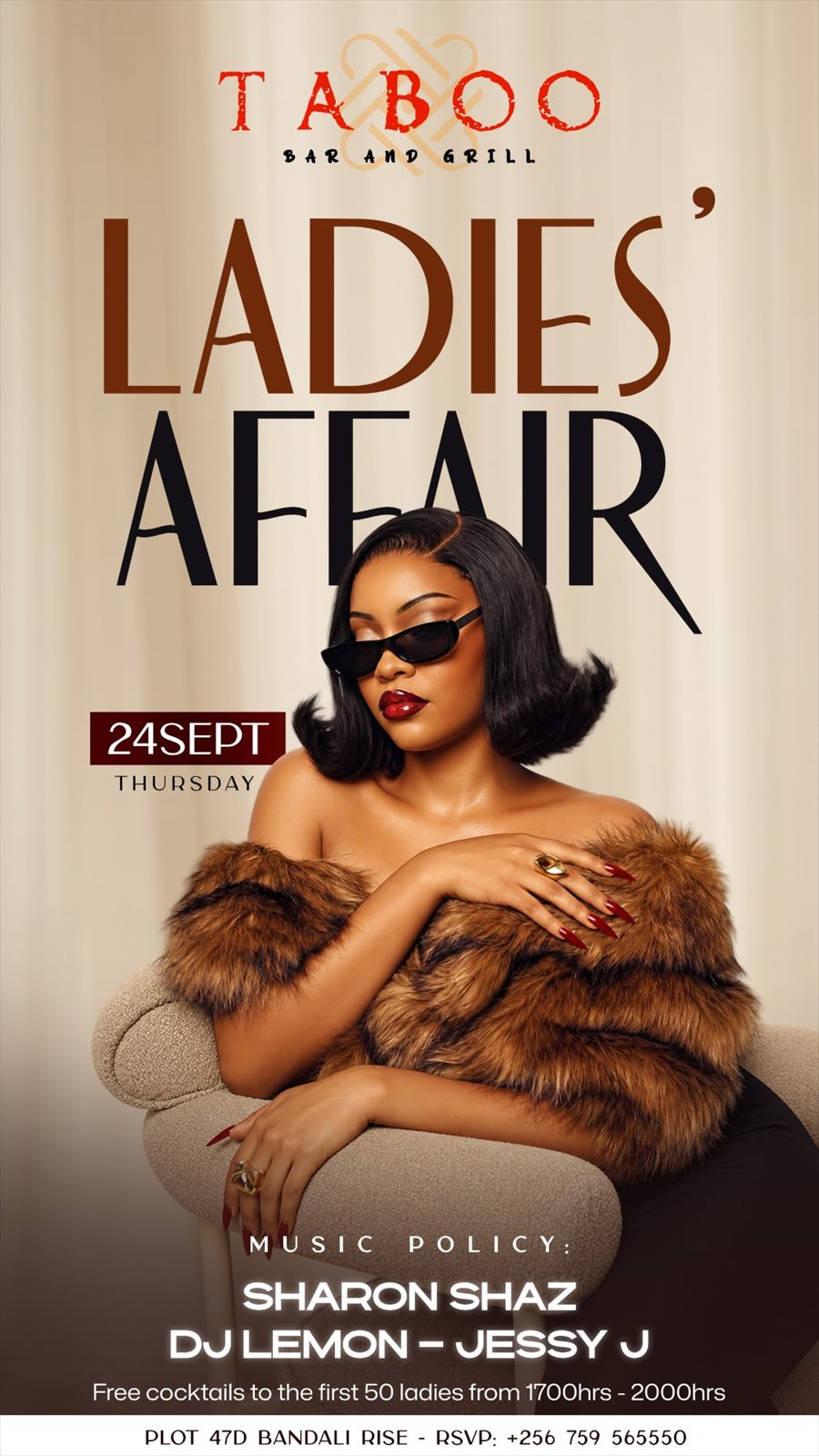 Taboo Ladies' Affair flyer with art-deco lettering and a woman in a fur stole