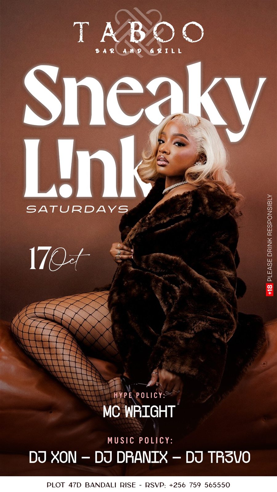 Sneaky Link Saturdays flyer, 17 October edition: a woman in a fur coat on a cognac backdrop