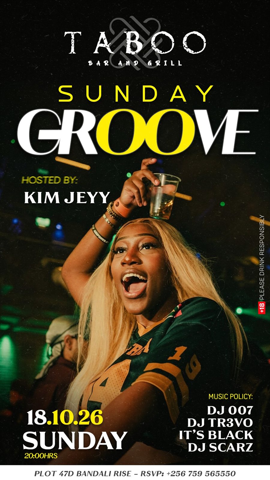Sunday Groove flyer, 18 October edition: a partygoer balancing a glass on her head