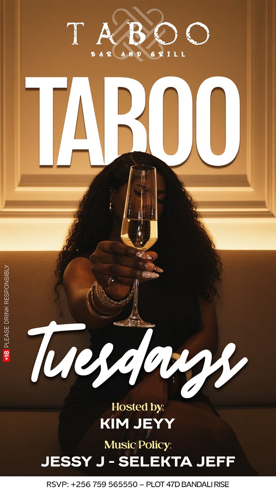 Taboo Tuesdays flyer: a woman raising a champagne flute in warm gold light