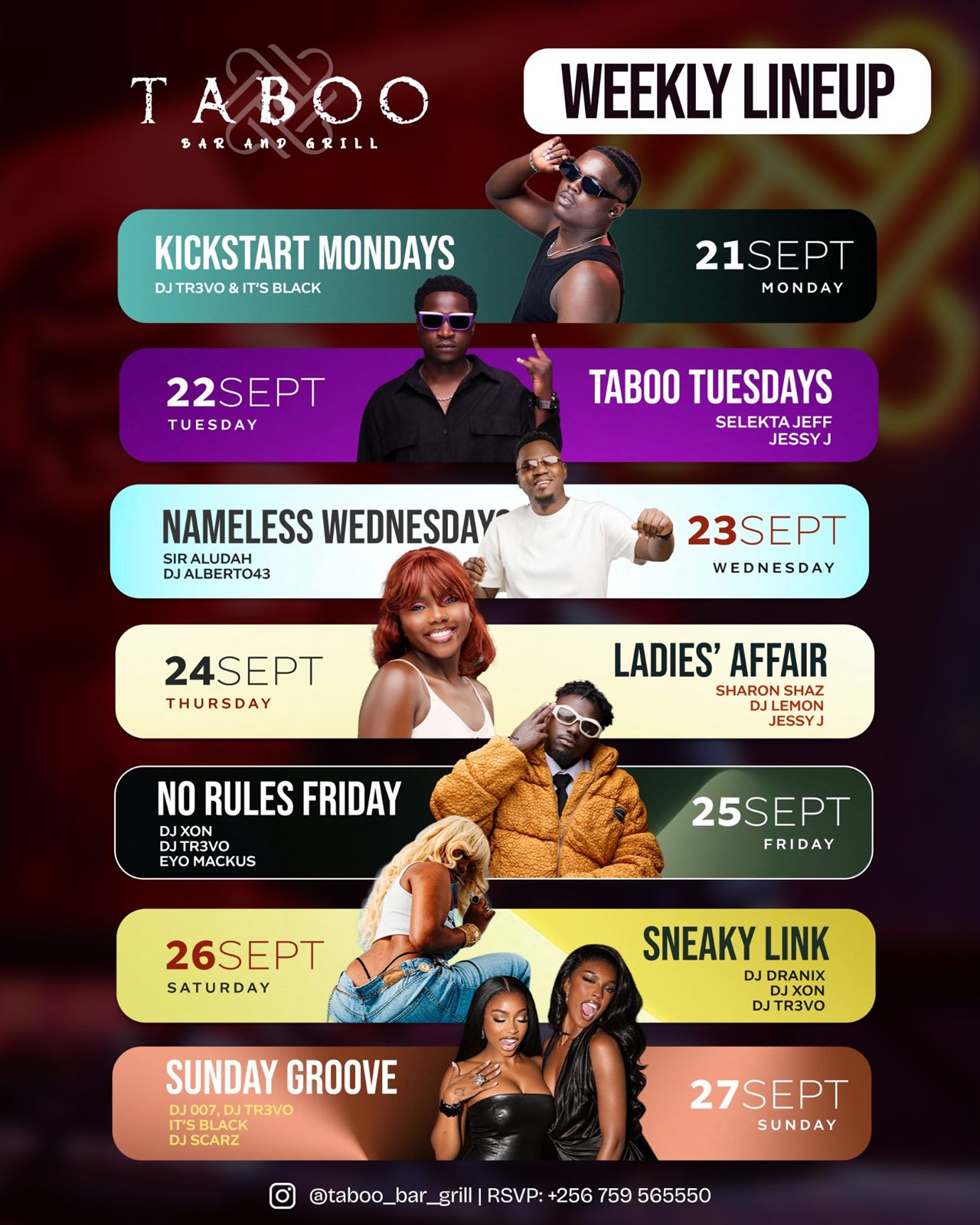 Taboo weekly lineup poster listing seven nights with dates and DJs