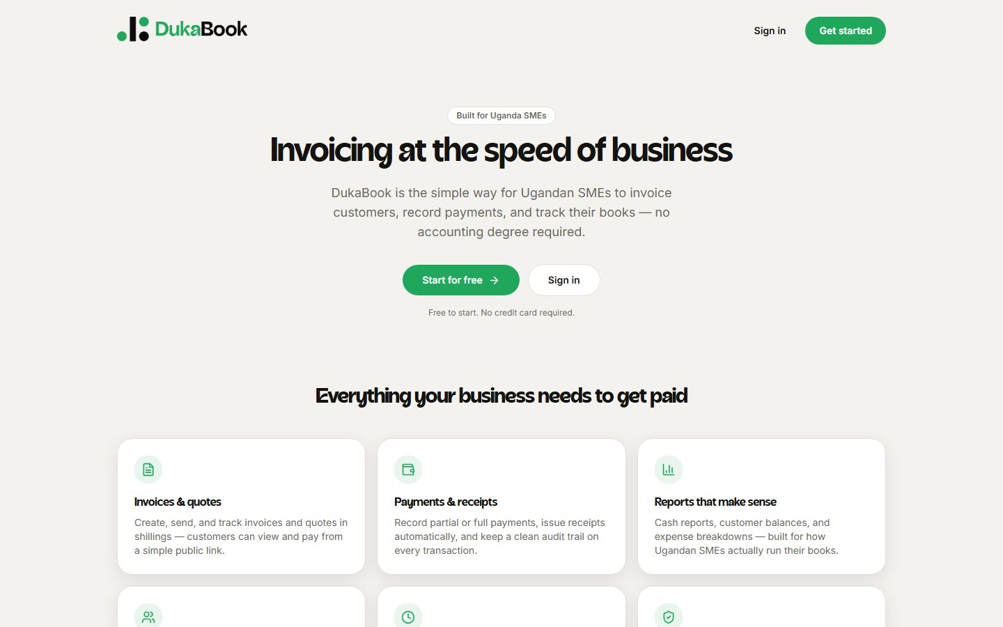 DukaBook homepage: Invoicing at the speed of business