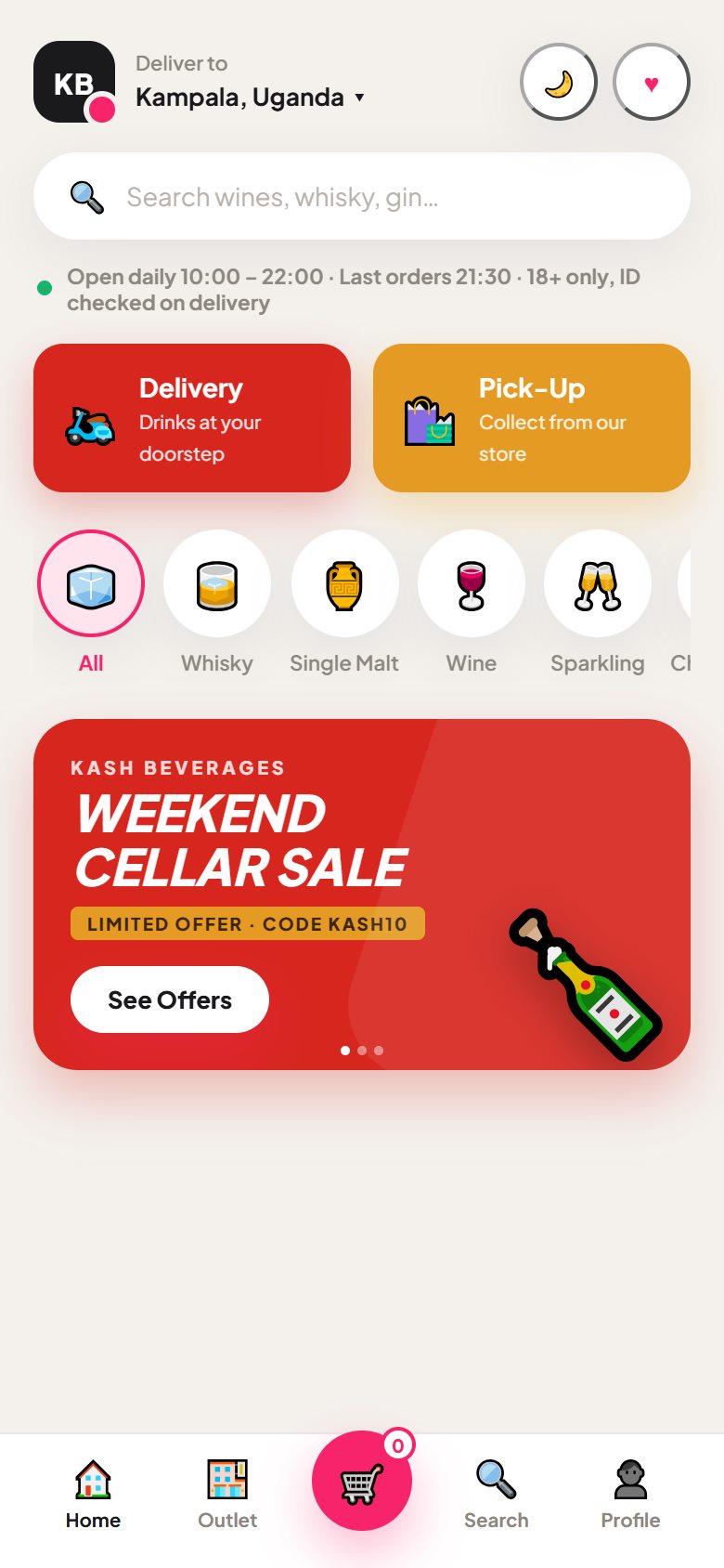 Kash Beverages storefront on mobile