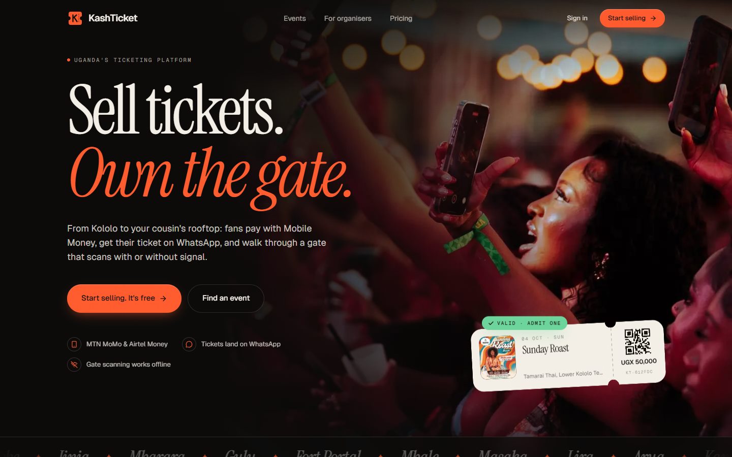 KashTicket landing page: Sell tickets. Own the gate.